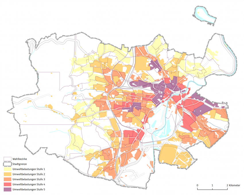 Karte Kassel mit Darstellung der verschiedenen Umweltbelastungsstufen